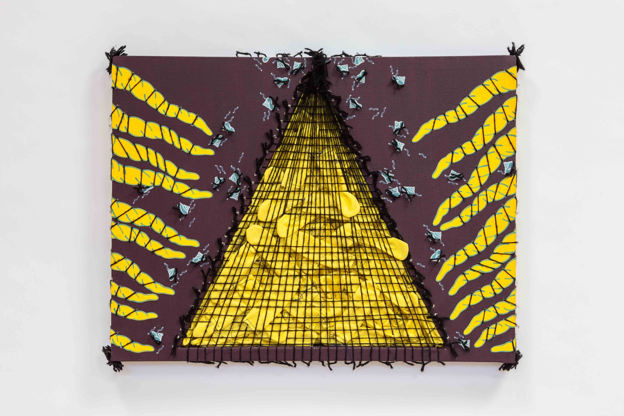 A mixed media artwork made out of yarn and fabric on a canvas. The background is a deep purple, with yellow tendrils extending inwards from both sides, and a yellow triangle in the center overlaid with a grid of black yarn.