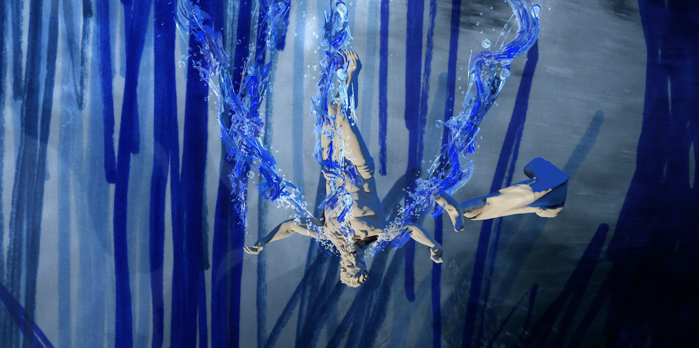 Upside down Greek statue amidst abstract blue shapes and bubbles, emulating the underwater.