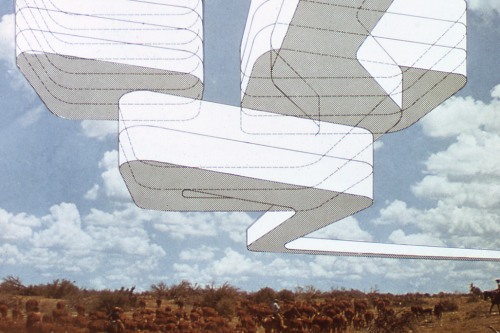 On a photograph of a cow herd and vast sky, architectural drawings are made in perspective, floating in the air