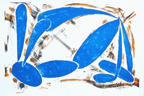 An abstract drawing of blue forms and black and orange streaks