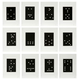 Twelve compositions of black and white domino arrangements 