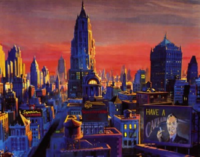 A dark city is cast in blues under a bright orange evening sky