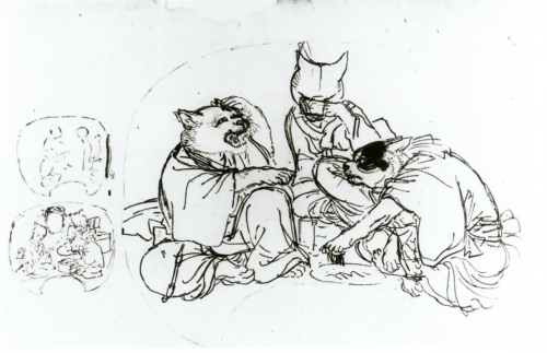 A drawing of three figures with cat heads sit in each others' company and two thumbnail sketches are drawn to their left