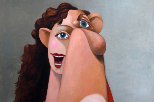 An abstracted portrait of a woman in front of a gray background