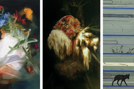 Three paintings, two of flowers against a dark background and a third of stripes and animals against a gray background