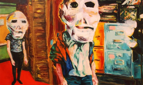 A painting of two people in a hallway or room wearing large skull-like masks
