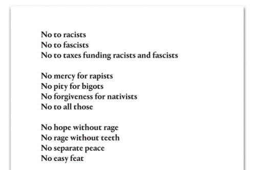 A poem, a list of No statements, in black, serif font is printed on a white rectangle