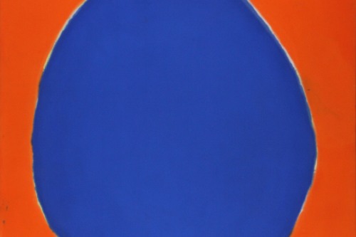 A painting of a blue blob slightly outlined in white on an orange background