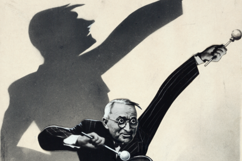 An image of a man sitting on top of a skyscraper playing the drums casts the shadow of Hitler's salute in the sky