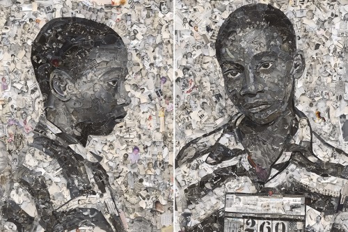 A diptych collage of a black man in a jail uniform in profile and facing forward made up of black and white images of other people