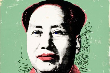 A screenprint of Mao Zedong in a pink suit and against a green background with a few scribbles around his face and what appears to be lipstick printed onto his mouth