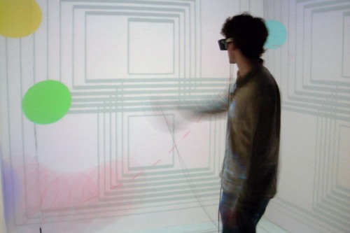 Installation view of a person using a virtual reality headset