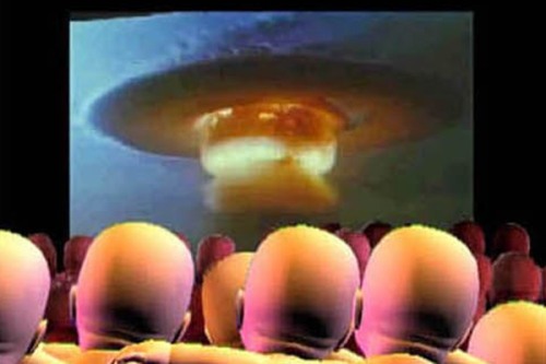 3D animated bald babies watch a video of a nuclear bomb explosion arm in arm