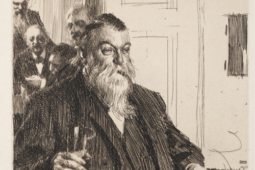 A rough drawing of a portly man with a beard in a suit holding a glass and a cigar in front of other men 