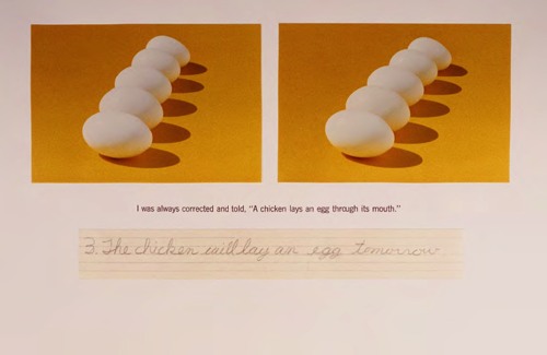 A paper with two images of eggs in a row on a yellow background is above text that reads, "I was always corrected and told, 'A chicken lays an egg through its mouth." Then, on lined paper, it reads "3. The chicken will lay an egg tomorrow," in cursive