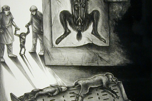 A graphite drawing of doctors doing experiments and dissecting animals is captioned, "Cross your heart and hope to die"