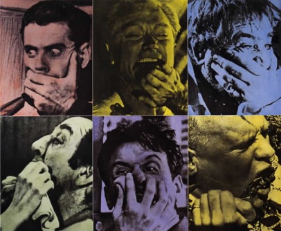 Six images of men with their mouths covered in different color filters 