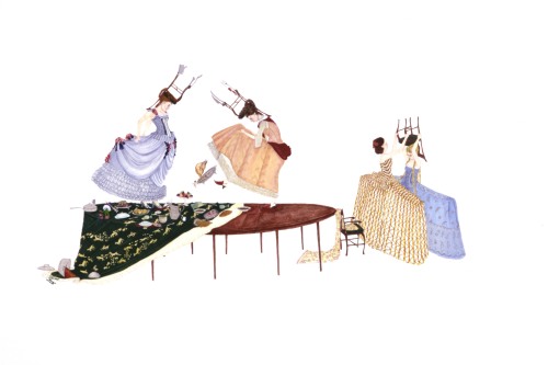 Four women dressed for a ball hold chairs above their heads and kick food off of a large dinner table