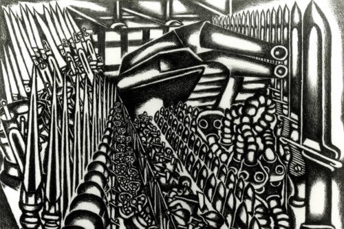 A high contrast black and white image of soldiers with rifles, bayonets, gas masks, and a tank in formation