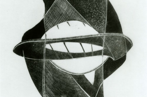 A black and white abstract print on a white page