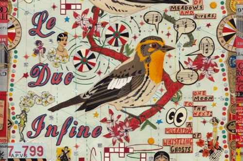 A collaged, poster like image of birds and text