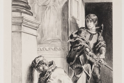 A man with a sword stands above a man kneeling in prayer before a pillar 