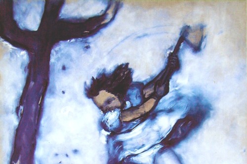 A painting of a girl with a hatchet swinging at a tree