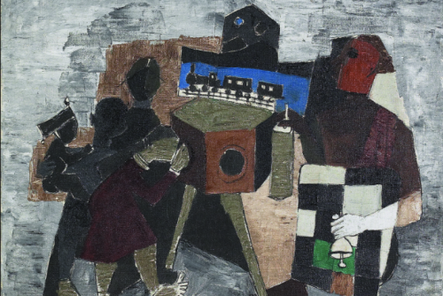 A painting of people standing around a box of some sort with a train on top