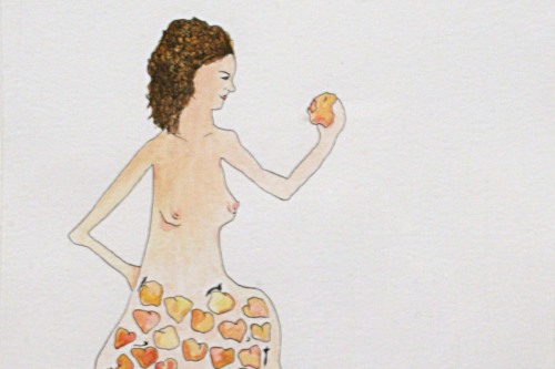 Watercolor and ink drawing of a nude woman eating fruit. Inside her stomach are dozens of similar fruit. 