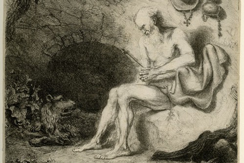 Print of St. Jerome in a cave with a dog at his side
