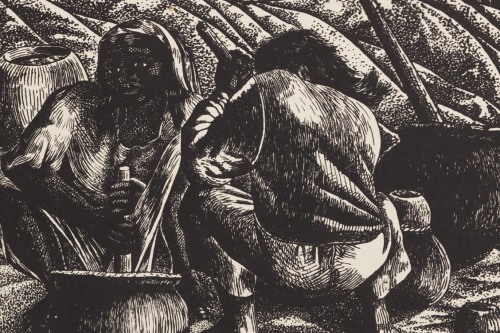 Print of two peasants grinding grain