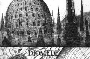 Illustration of a large round building (top) and a map (bottom)