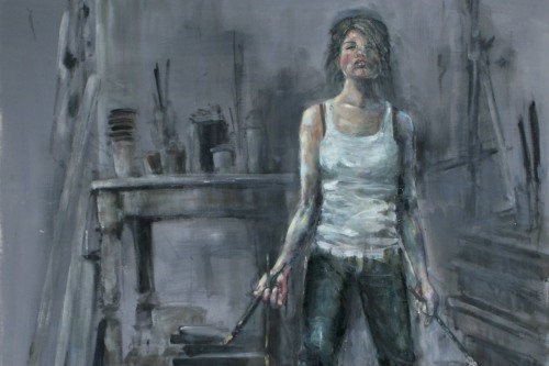 Portrait painting of a person standing in front of a painting studio space