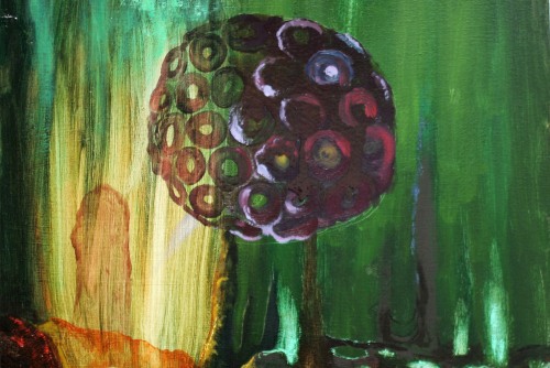 Abstract painting of a round purple shape against a green background. A yellow glow shines from the bottom left.