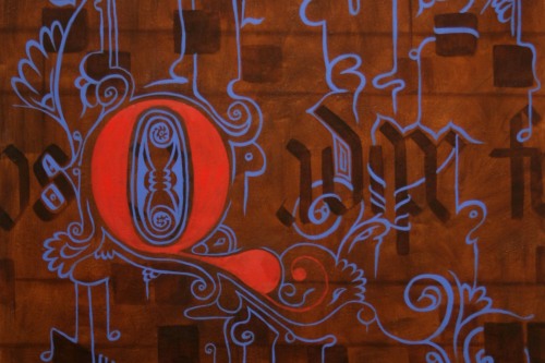 Abstract painting of blue and red organic linework against a brown background