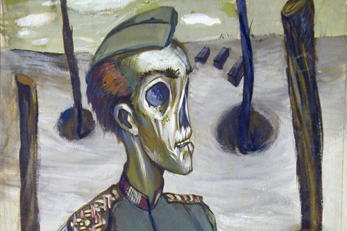 painting of a soldier with a sullen, skull-like face