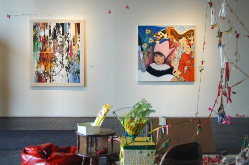 installation view with, from left back: Eva Struble, Untitled; Iris Jaffe, Self-portrait on Purim; and Estelle Bossy, Max Huller, and Louise Despont, Edible Environment.