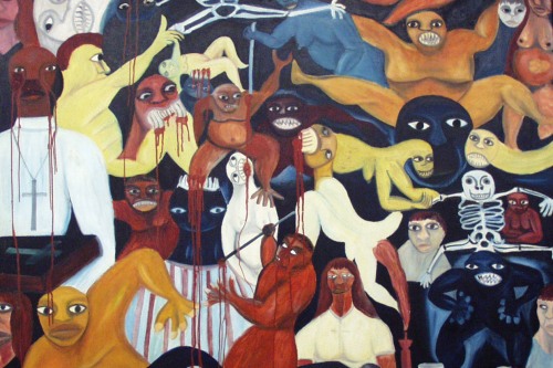 Many multicolored figures, skeletons, and monsters torture each other in the darkness