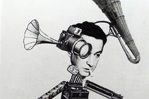 A collage of a smoking man with machinery for body parts 